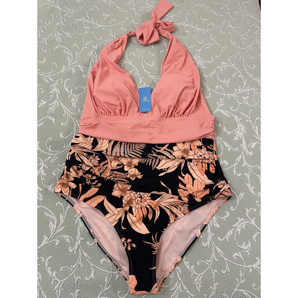 Cupshe Swimsuit Womens XL Pink Black Floral Halter One Piece Padded High Waist